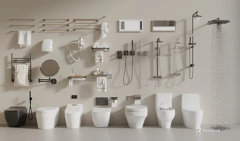 Modern Bathroom Fixtures With Toilets Towel Racks Mirrors And Shower Systems 3d model 