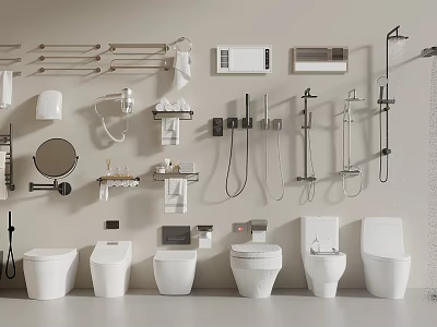 Modern Bathroom Fixtures With Toilets Towel Racks Mirrors And Shower Systems 3d model
