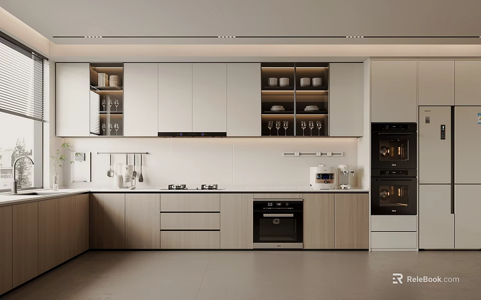 Modern Kitchen Interior Design With White Cabinets Wooden Elements And Built in Appliances 3d model