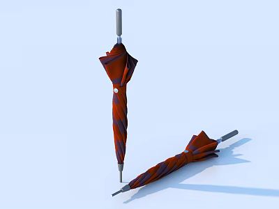 Stylish Foldable Umbrellas With Red And Blue Stripes Standing And Lying On Light Blue Background 3d model