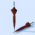 Stylish Foldable Umbrellas With Red And Blue Stripes Standing And Lying On Light Blue Background