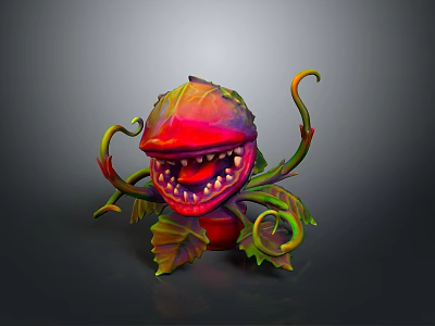 Vibrant Red And Green Carnivorous Plant With Curly Vines And Sharp Teeth 3d model