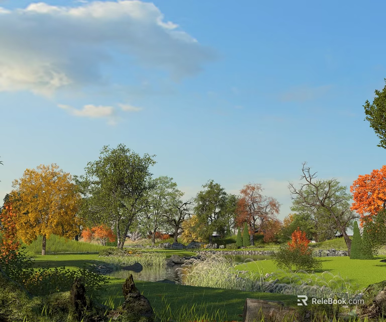 Beautiful Natural Scenery With Blue Sky White Clouds Colorful Trees Green Grass and Small Pond 3d model 