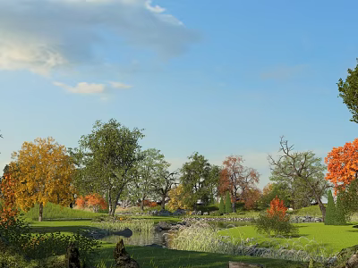 Beautiful Natural Scenery With Blue Sky White Clouds Colorful Trees Green Grass and Small Pond 3d model