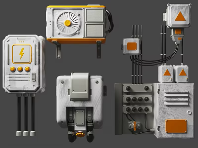 Industrial Electrical Control Boxes With Gray Casing Buttons Cables And Orange Indicators 3d model