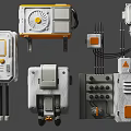 Industrial Electrical Control Boxes With Gray Casing Buttons Cables And Orange Indicators