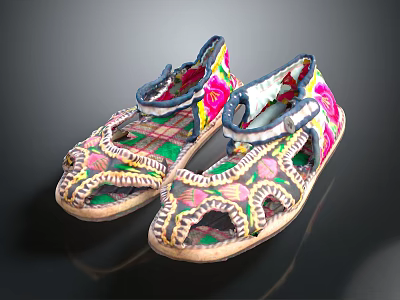 Traditional Handmade Embroidered Sandals With Colorful Floral Patterns And Blue Trim 3d model