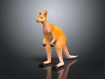 Orange and Beige Kangaroo in Standing Pose Against Gray Gradient Background With Reflective Surface 3d model