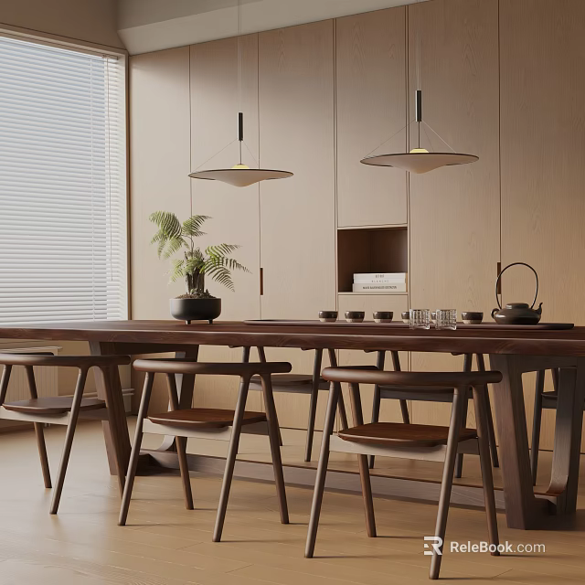 Minimalist Tea Room With Wooden Table Tea Set Pendant Lights And Green Plant 3d model 