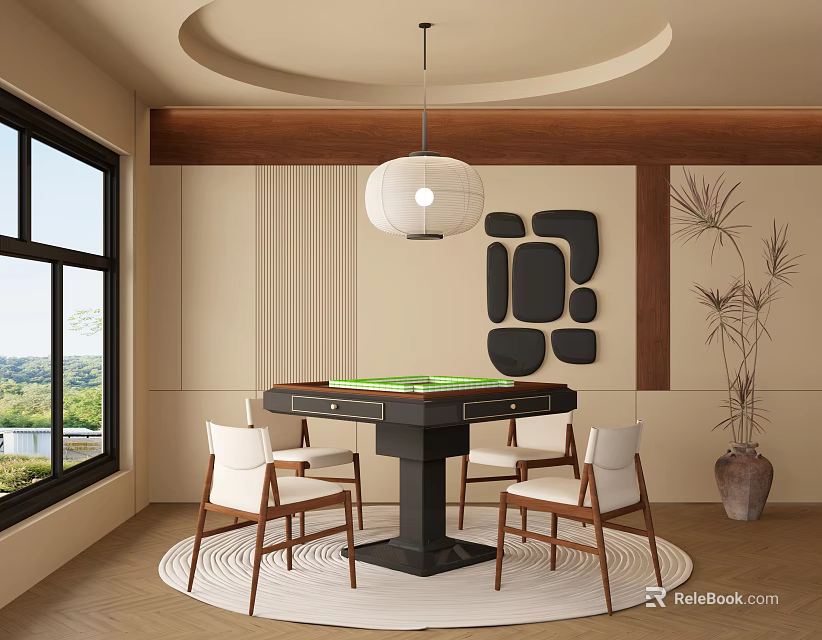 Modern Mahjong Room Interior With Table Chairs And Decor 3d model 
