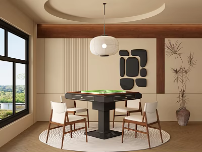 Middle-ancient style chess and card room mahjong table combination background wall chandelier green plant potted carpet 3d model