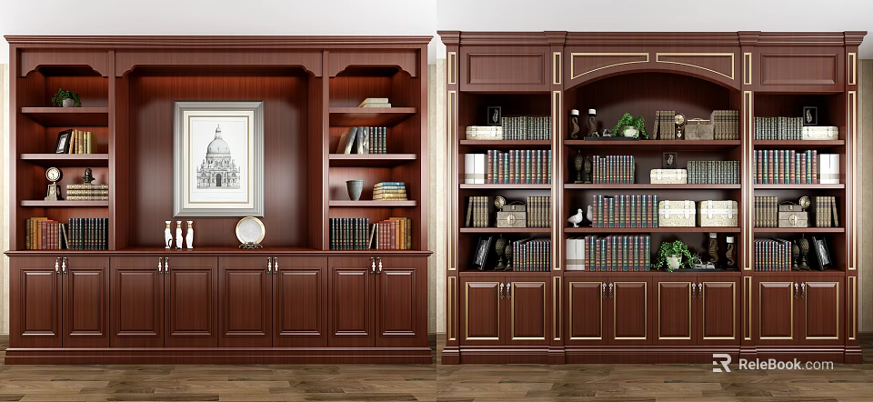 Elegant Dark Brown Wooden Bookcases With Gold Accents Framed Art Books And Decorative Items 3d model 