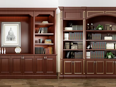 Elegant Dark Brown Wooden Bookcases With Gold Accents Framed Art Books And Decorative Items 3d model