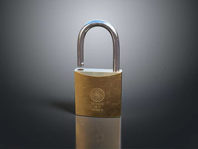 Brass Security Padlock With Silver Shackle Logo And Engraved Text On Smooth Surface 3d model