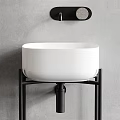 Modern Minimalist Washbasin with White Vessel Black Metal Stand Wooden Base and Round Mirror