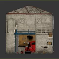 Brick Industrial Building with Red Roof Large Window and Garage Door Design