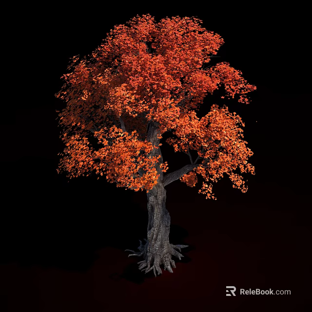 Arbor With Vibrant Red Leaves Thick Trunk And Exposed Roots In Autumn 3d model 