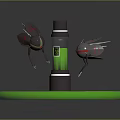 Futuristic Mechanical Setup With Green Platform Transparent Cylinder Container Green Liquid And Flying Insects