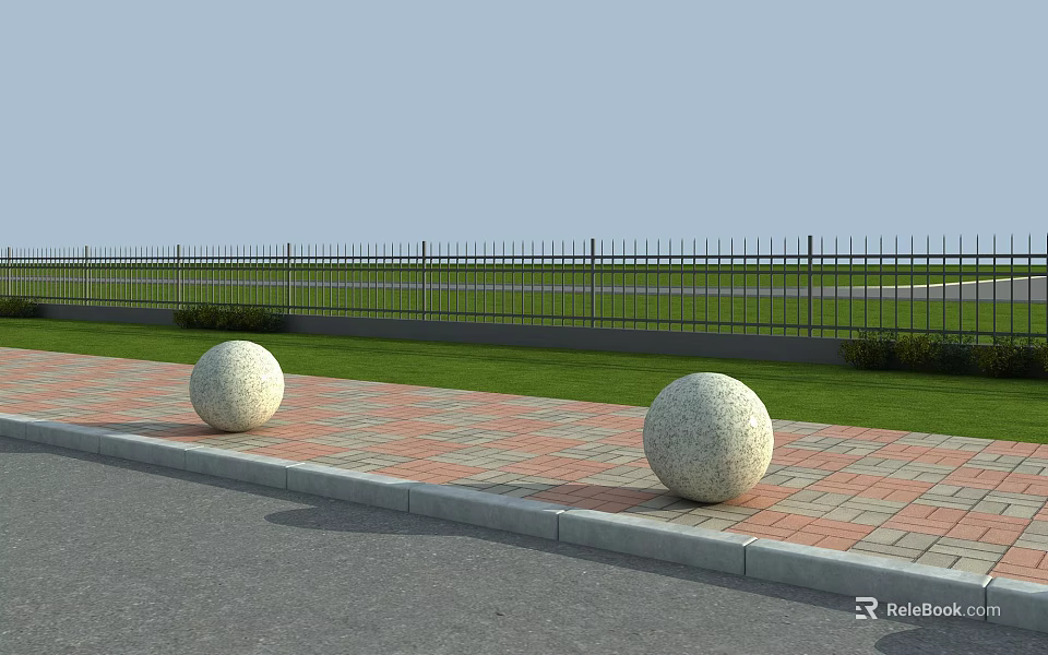 Outdoor Road Facilities Featuring Stone Spheres Brick Pavement And Black Iron Fence 3d model 