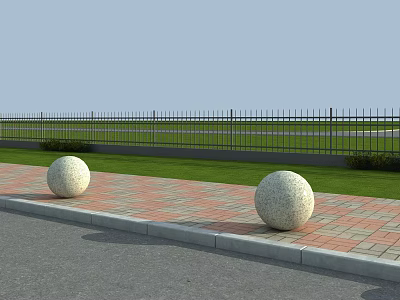 Outdoor Road Facilities Featuring Stone Spheres Brick Pavement And Black Iron Fence 3d model