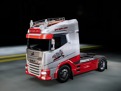 Sleek Volvo VNL Truck With Red Silver Exterior Moving On Road At Night 3d model