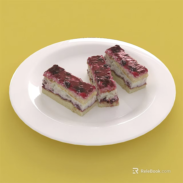 Three Fruit Tart Slices With Creamy Filling And Red Berry Topping On White Plate 3d model 