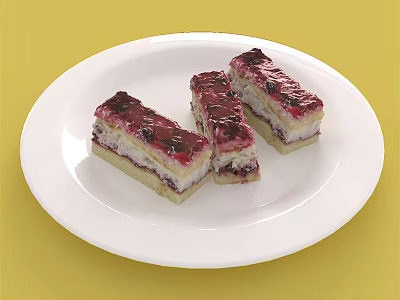 Three Fruit Tart Slices With Creamy Filling And Red Berry Topping On White Plate 3d model