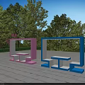 Colorful Garden Decor With Pink And Blue Bench Structures On Stone Pavement 3d model