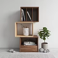 Modern Wooden Bookshelf Interior Design With Books Potted Plant Decorative Baskets And Storage Compartments