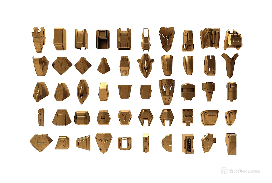 Golden Assorted Mechanical Components With Various Geometric Shapes And Sizes 3d model