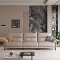 Modern Three Seater Leather Sofa In Interior With Marble Wall Decorative Painting And Green Plant