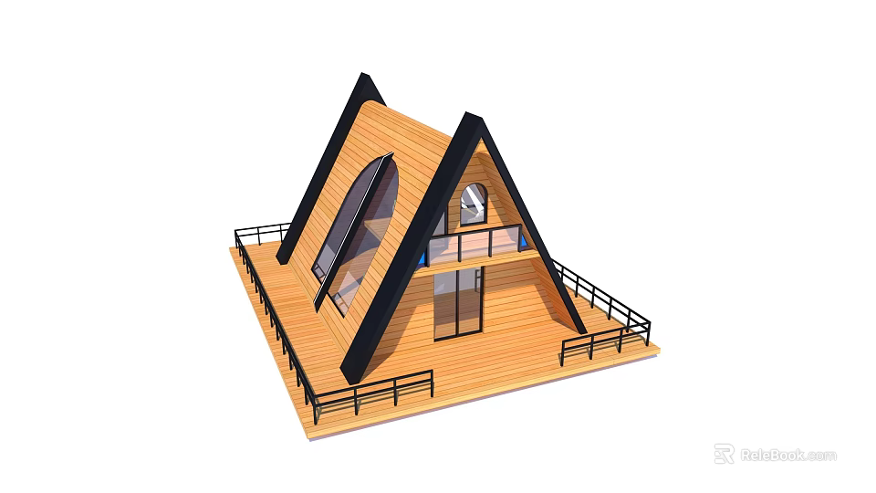 Wooden House With Triangular Roof Large Windows And Balcony Black Railings 3d model 