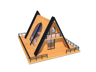 Wooden House With Triangular Roof Large Windows And Balcony Black Railings 3d model