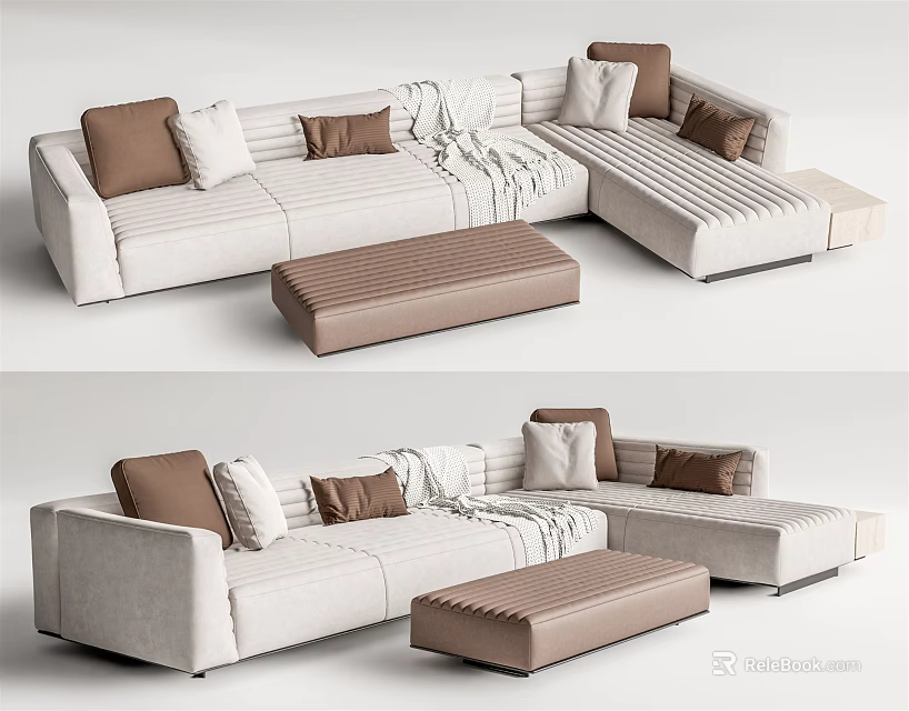 Modern Beige Fabric Sofa Set With Brown Cushions And Ottoman For Living Room Design 3d model 