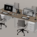 Wooden Office Desk With Dual Monitors Rolling Chairs Drawer Cabinet And Lamp Setup