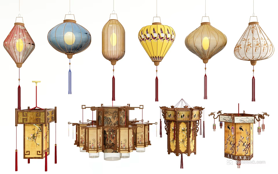 Traditional Chinese Hanging Lanterns with Various Decorative Patterns and Styles 3d model