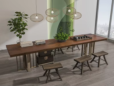 New Chinese Tea Table and Chair Tea Table Coffee Table Stool Chandelier 3d model