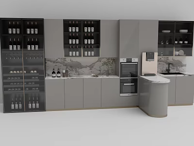 Modern Kitchen Design With Elegant Wine Cabinet Glass Doors And Built in Appliances 3d model