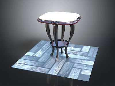 Elegant Round Top Stool With White Marble And Dark Carved Legs On Square Tiled Floor 3d model