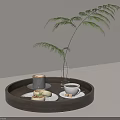 Stylish Round Wooden Tray With Coffee Cups Desserts And Green Plant In Transparent Vase