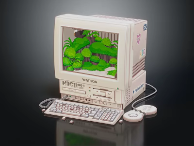 Vintage Toshiba Desktop Computer with Pixel Art Green Landscape on Screen and Classic Keyboard Mouse 3d model