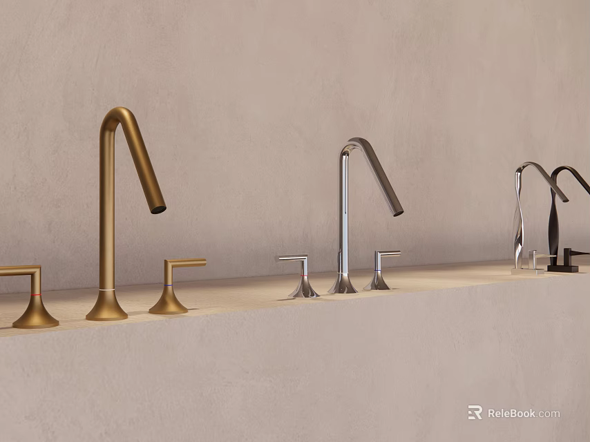 Stylish Faucets with Different Finishes on Light Gray Countertop and Beige Wall 3d model 