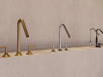 Stylish Faucets with Different Finishes on Light Gray Countertop and Beige Wall 3d model
