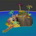 Tropical Island Scenery With Blue Water Palm Trees Orange Hut And Wooden Dock