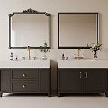 Modern Double Sink Bathroom Vanity With Dark Cabinets Marble Countertop And Wall Mirrors