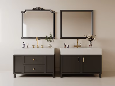 Modern Double Sink Bathroom Vanity With Dark Cabinets Marble Countertop And Wall Mirrors 3d model