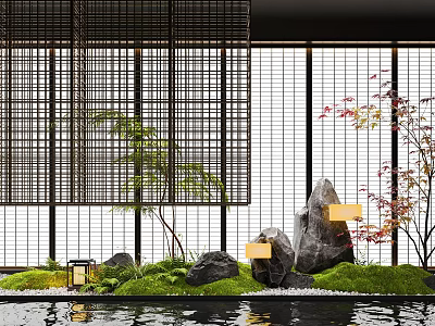 Zen Interior Landscape With Bamboo Lattice Green Plants Stones Moss Water Surface And Lanterns 3d model