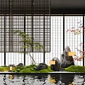 Zen Interior Landscape With Bamboo Lattice Green Plants Stones Moss Water Surface And Lanterns