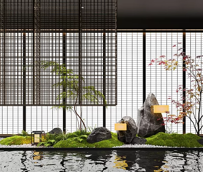 Zen Interior Landscape With Bamboo Lattice Green Plants Stones Moss Water Surface And Lanterns 3d model