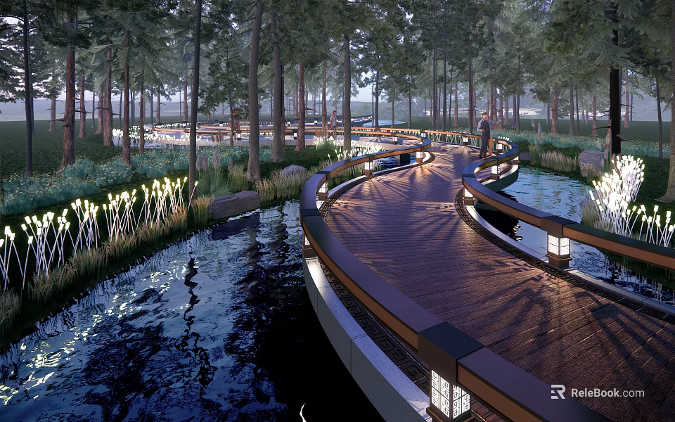 Curved Wooden Footpath With Railings And Lighting Surrounded By Trees And Water 3d model 